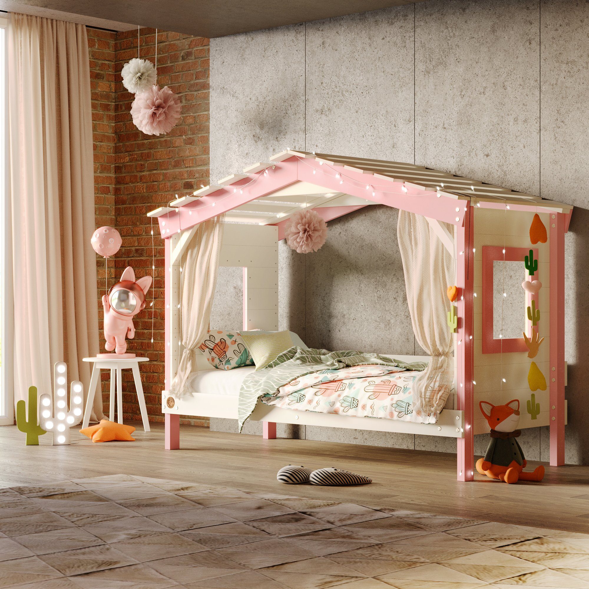 bibex Kinderbett DOLCE NIDO Kinderbett, Spielbett, Jugendbett, Spielhaus, Weiss/Rosa