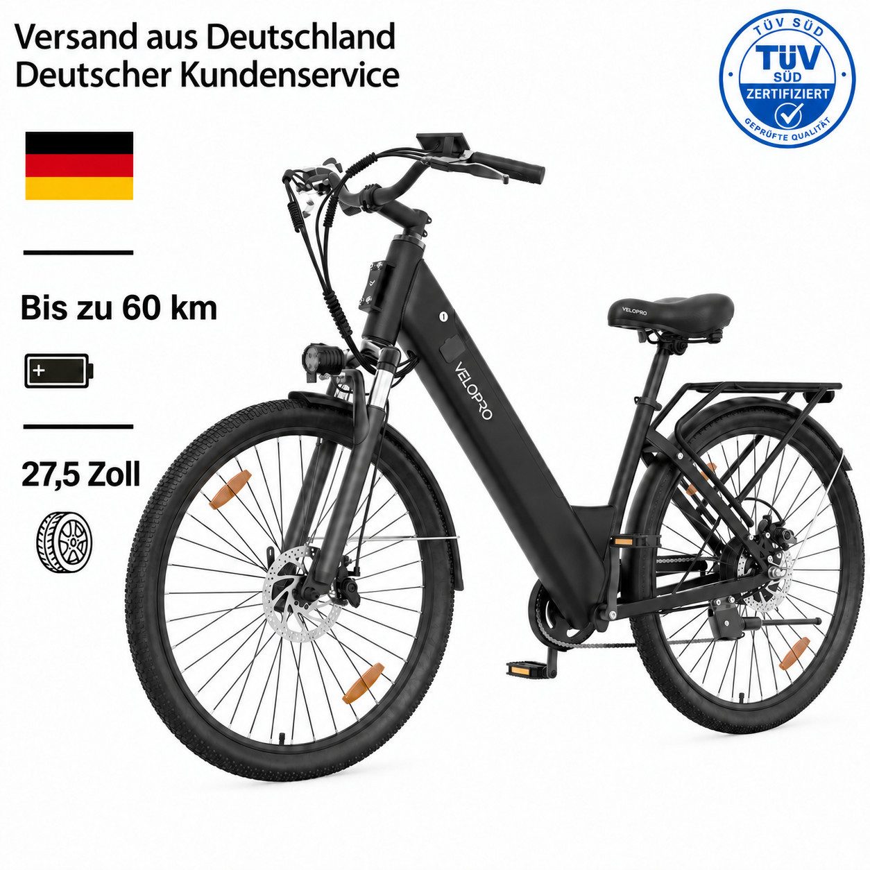 PIXAR E-Bike Cityrad Velopro C1 27,5 Zoll City Elektrofahrrad, 36 V 13 Ah Akku, 7-Gang, 7 Gang, Heckmotor, 468 Wh, Multifunktions-LCD; 250W Heckmotor; Gepäckträger