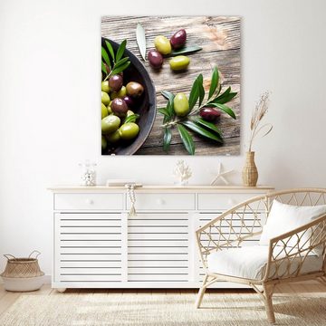 Primedeco Glasbild Wandbild Quadratisch Oliven in Töpfchen mit Aufhängung, Gemüse