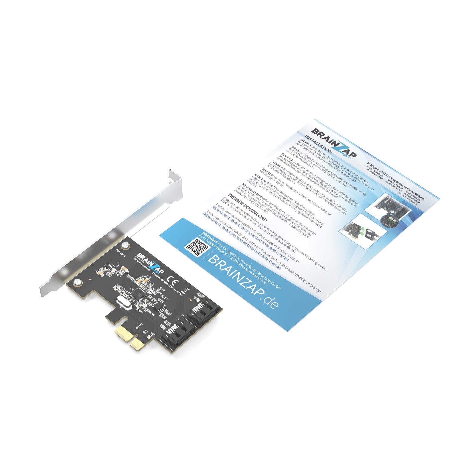 BRAINZAP 2-Port SATA PCIe Controller Modulkarte PCI-Express zu SATA, 2x SATA III 6 Gb/s, PCIe x1