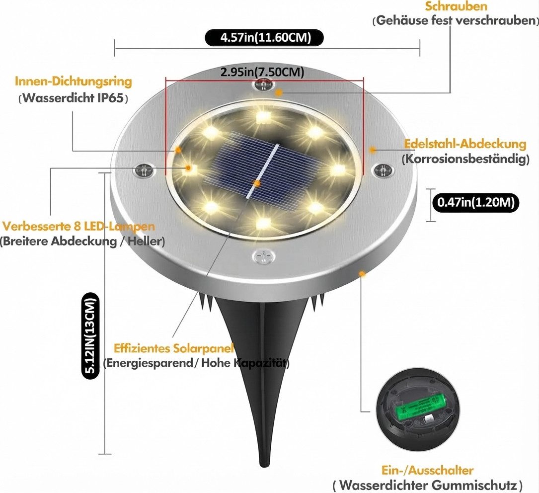 LaCute LED Solarleuchte Solar-Bodenleuchten Außen 8er-Set LED Warmweiß mit 8 LEDs, LED fest integriert, Warmweiß, 8er-Set, 8 LEDs je Leuchte, Solar, 600 mAh, Wa – Bild 2 von 5