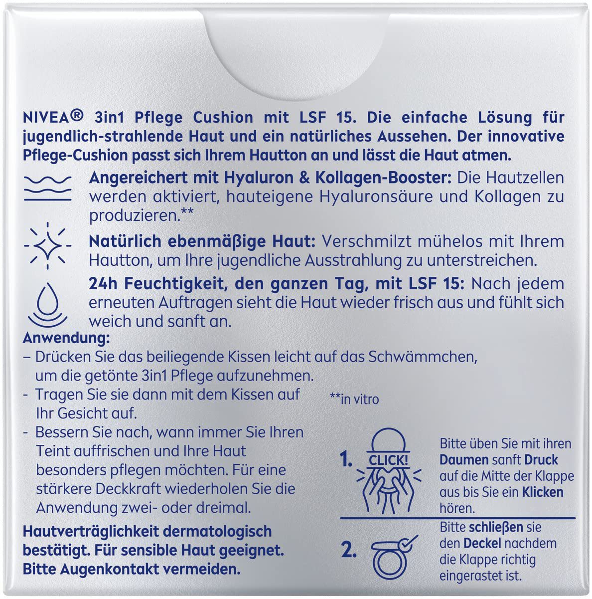 Nivea Foundation CELLULAR EXPERT FINISH 3IN1 CUSHION LSF 15, spendet Feuchtigkeit, ebenmäßigere Haut, mindert Fältchen.