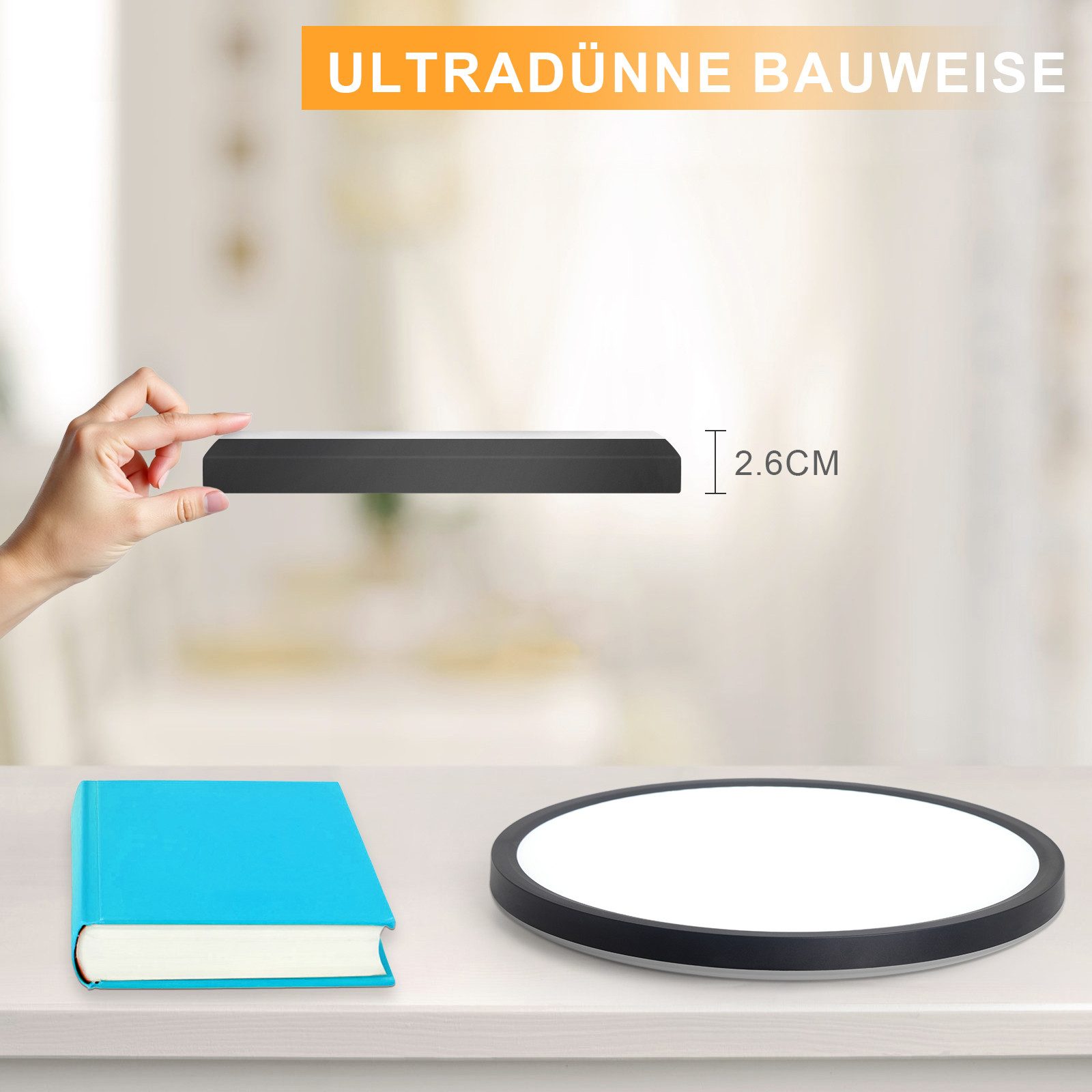 ZMH LED Deckenleuchte Whonzimmer ∅18CM Schwarz/Weiß Schlafzimmerlampe 15W für Küche Flur, Augenschutz, Einfache Installtion, LED fest integriert, Neutralweiß, 4000K Flach Deckenlampe