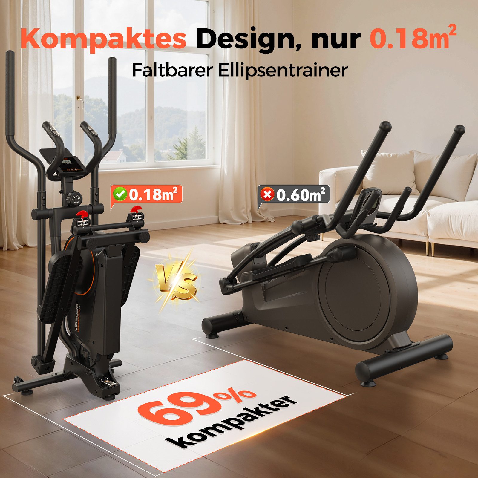 YOSUDA Crosstrainer Klappbarer Crosstrainer für Zuhause, mit 16 Widerstandsstufen (1-tlg), Ultraleiser für Cardio, LCD-Display & Transportrollen