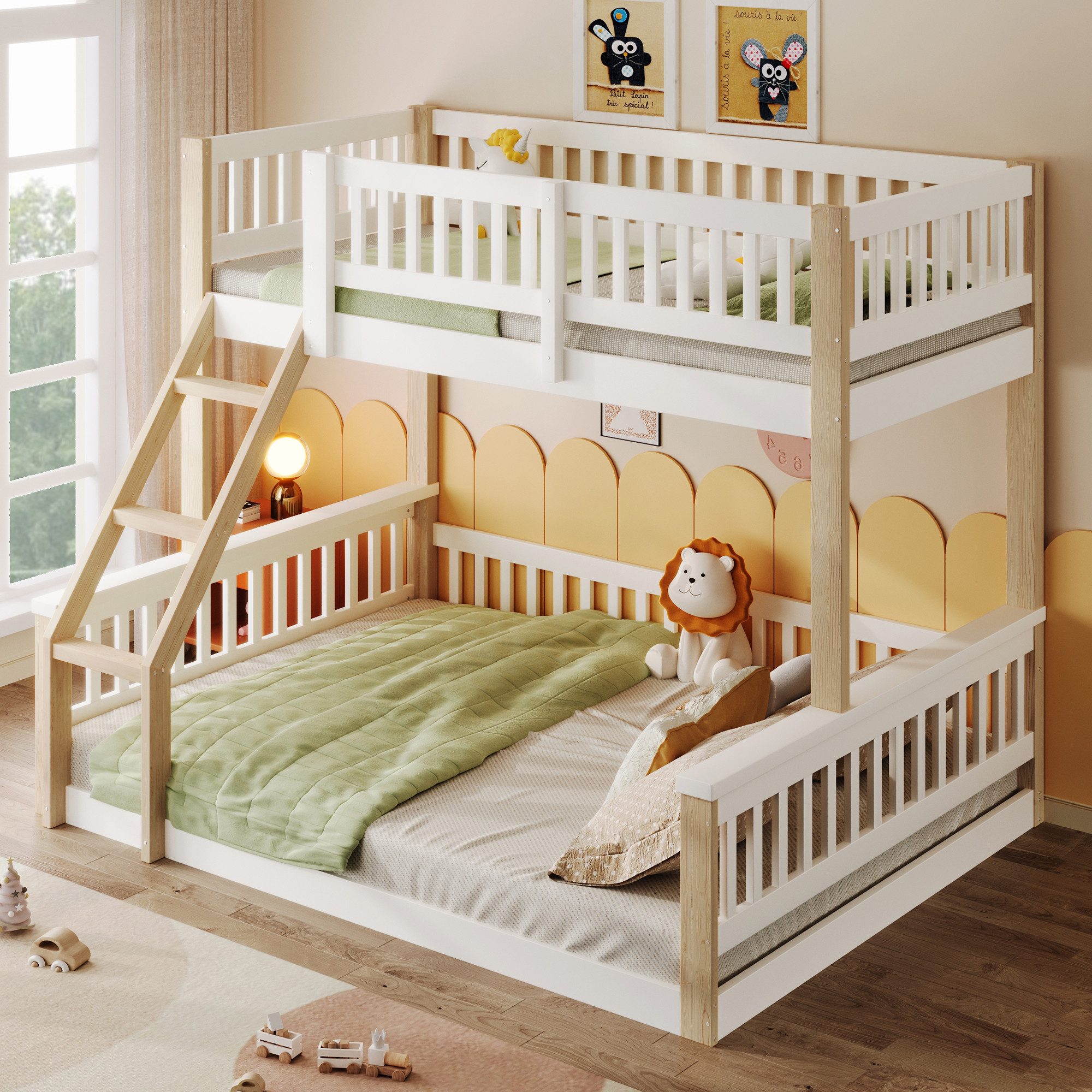 OKWISH Etagenbett Kinderbett Holzbett (mit Leiter und sicherem Bettgitter, platzsparendes Doppelbett, 90x200cm+140x200cm), ohne Matratze