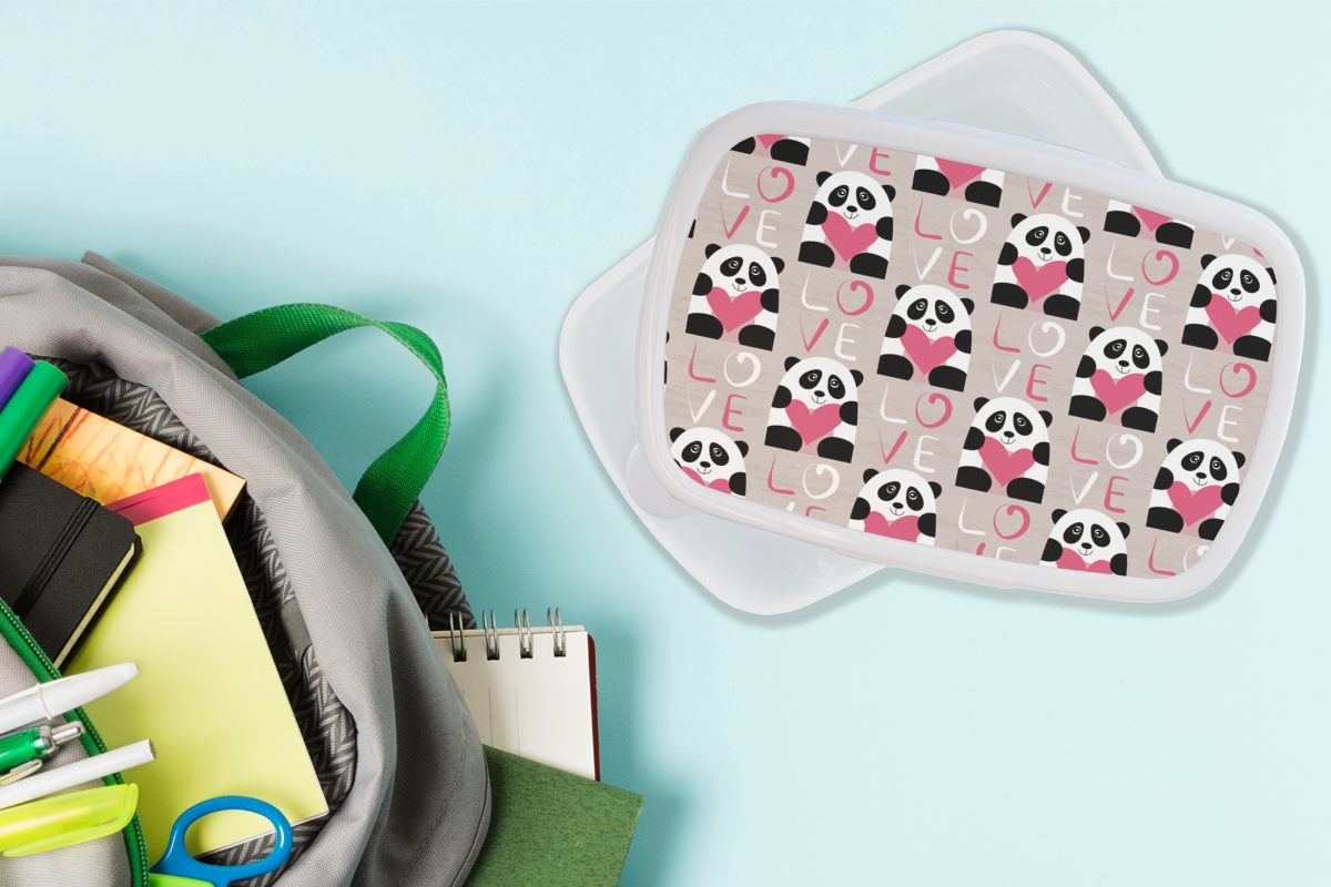 und MuchoWow Panda Kunststoff, - Muster, (2-tlg), Brotdose, Brotbox Erwachsene, - Mädchen weiß Jungs und für Kinder Herzen für Lunchbox