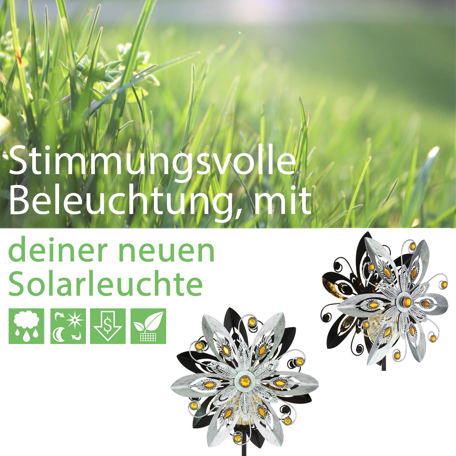 bmf-versand LED Solarleuchte Windrad Metall Garten Solar Solarleuchte Außen Solarlampe Windspiel, draußen drehend, LED fest integriert, Warmweiß, Windmühle Blume