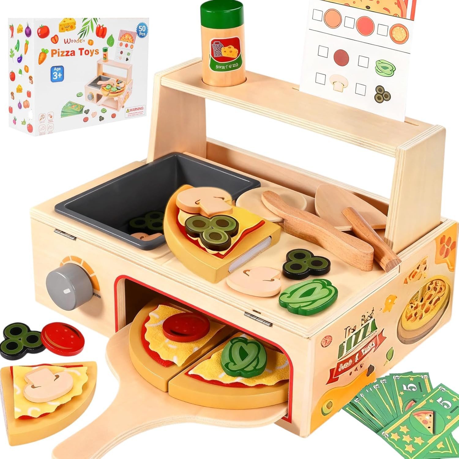 CLTYQ Spielküche 50PCS Interaktive Holz-Pizza-Spielsets, Kinderküche Zubehör, Rollenspiel Lernspielzeug Holzspielzeug - Jungen Mädchen Geschenk