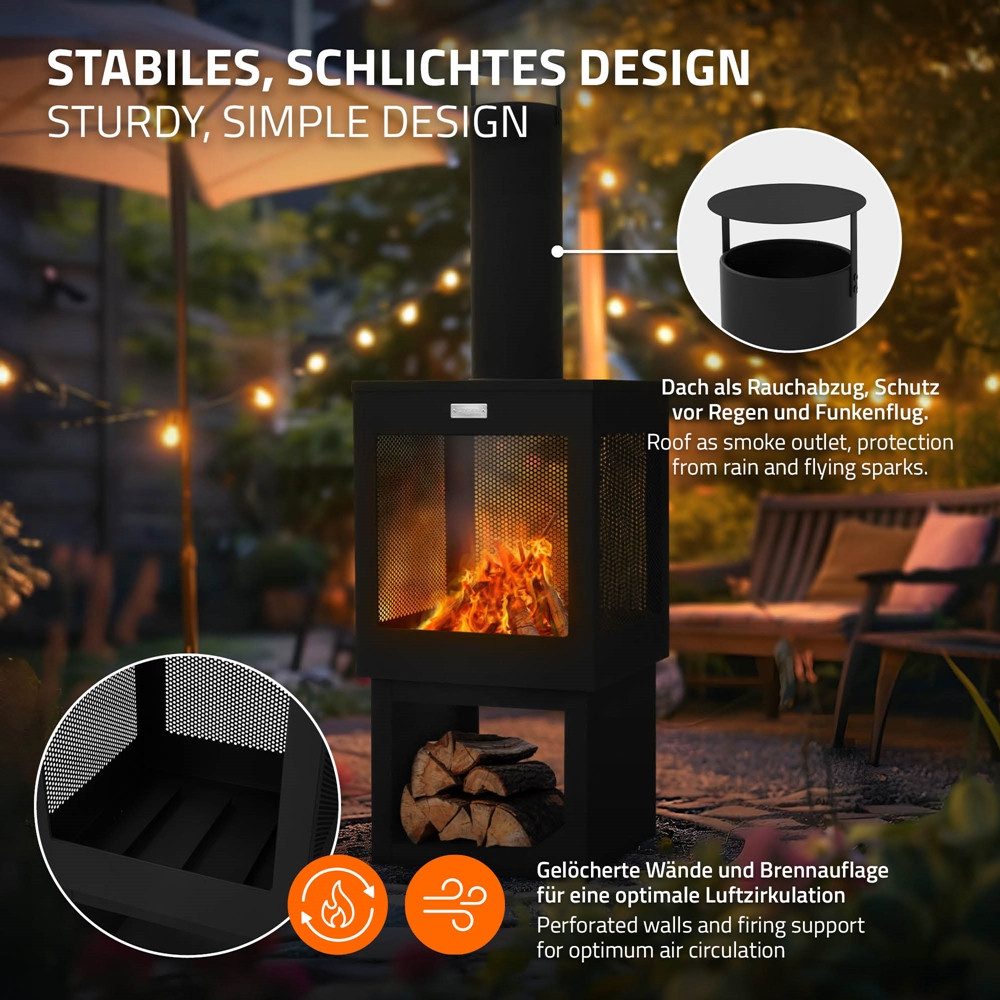 ML-DESIGN Feuerstelle Gartenkamin mit Schornstein Stahl Outdoor Terrassenofen mit Schürhaken, 128x40cm Schwarz abnehmbarem Dach Holzablage Terrassenkamin Feuerk – Bild 3 von 5