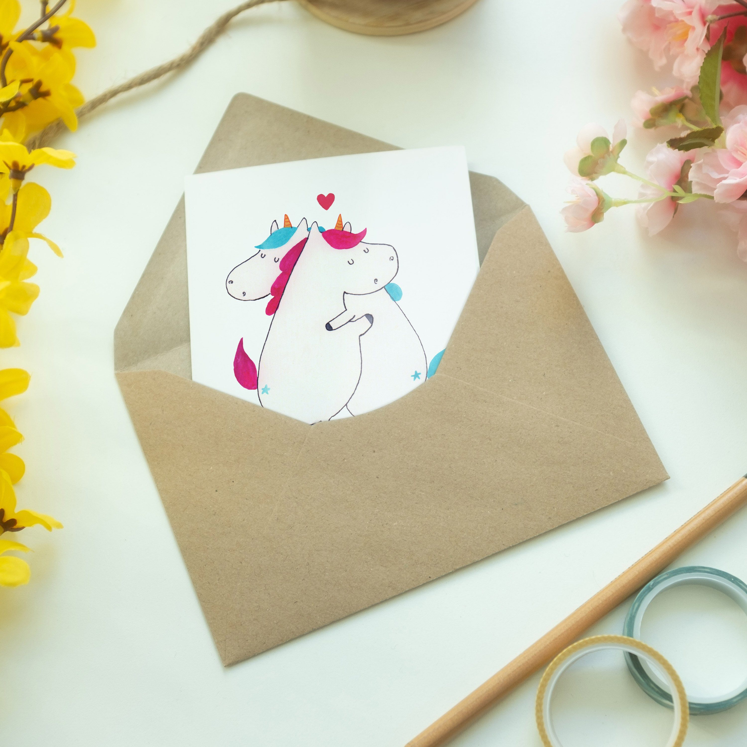 Mr. & Geschenk, Einhorn Pegasus, Kart Grußkarte - Mitteilung - Panda Mrs. Geburtstagskarte, Weiß