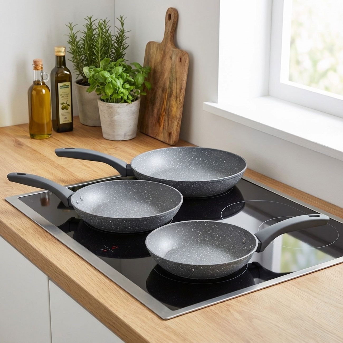 Excellent Houseware Pfannen-Set 3er Pfannen-Set (20/24/28 cm) Grau-Marmoriert, Induktion & Antihaft, (3-tlg), Hochwertige Antihaftbeschichtung: Kochen mit besonders wenig Fett