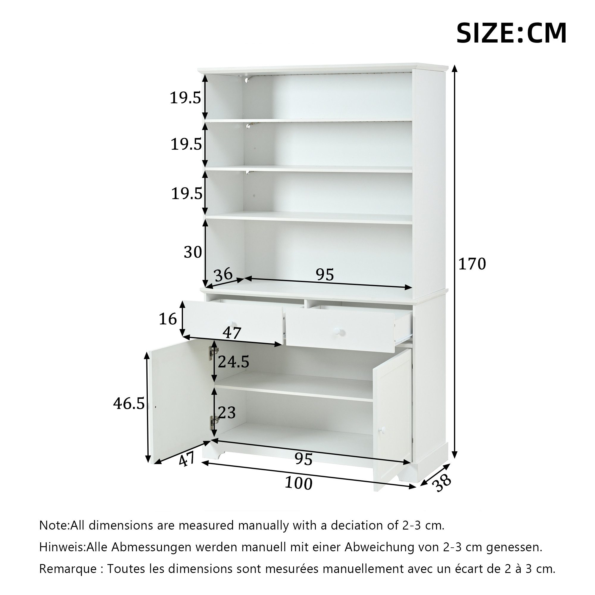 KLAM HOME Vitrine Weiße Vitrine 100x38x170cm mit LED & 2 Schubladen (Standvitrine mit 2 Türen, Bücherregal & viel Stauraum) Multifunktions Wohnzimmerschrank mit App-LED-Beleuchtung