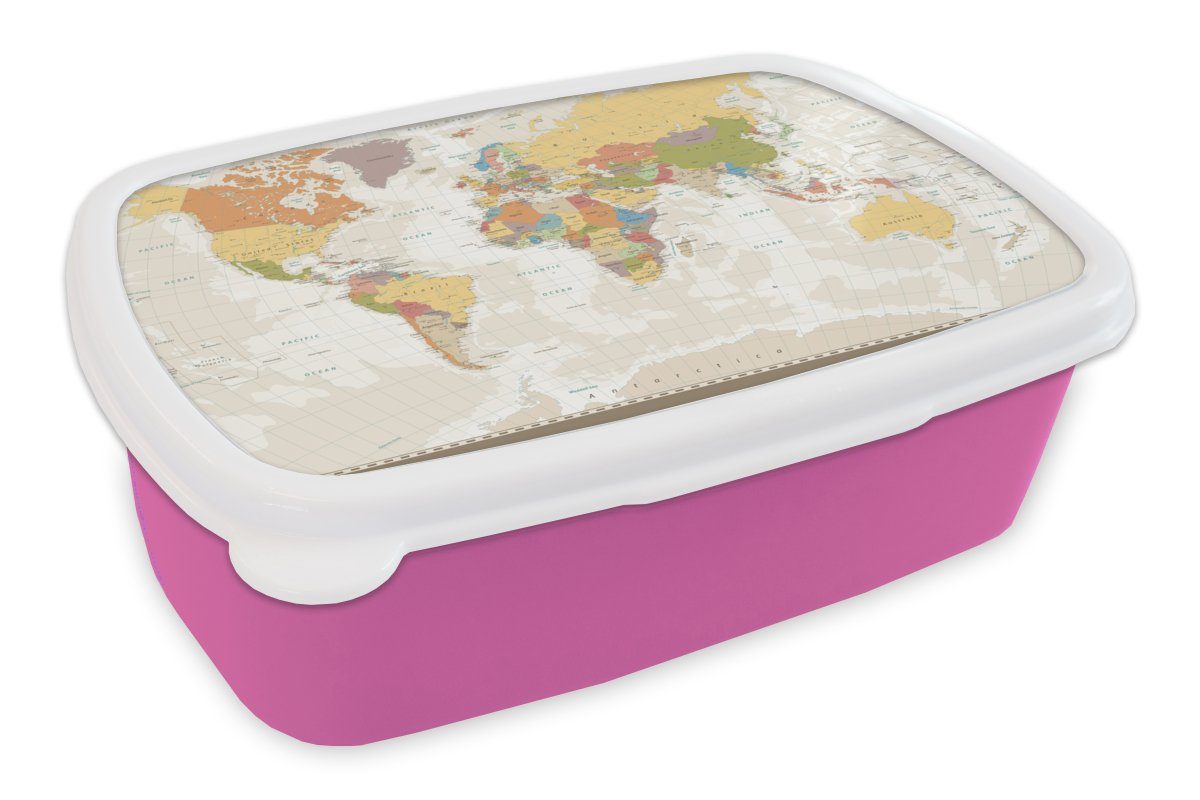 MuchoWow Lunchbox Weltkarte Pädagogisch für Retro (2-tlg), Kunststoff Brotbox Statistisch, Erwachsene, rosa - Kinder, - Farben Brotdose Snackbox, - Kunststoff, - Mädchen