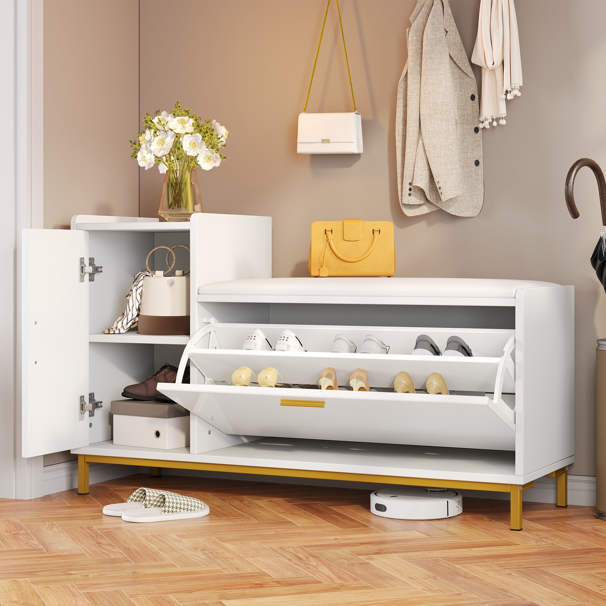Merax Schuhbank Hochglanz in Weiß und Gold, mit gepolsterter Sitzfläche (100×38×68 cm, 1-St., Schuhbank für Flur, Wohnzimmer oder Büro), Schuhschrank mit 2 Fächern, 1 Schrank & Metallfüße