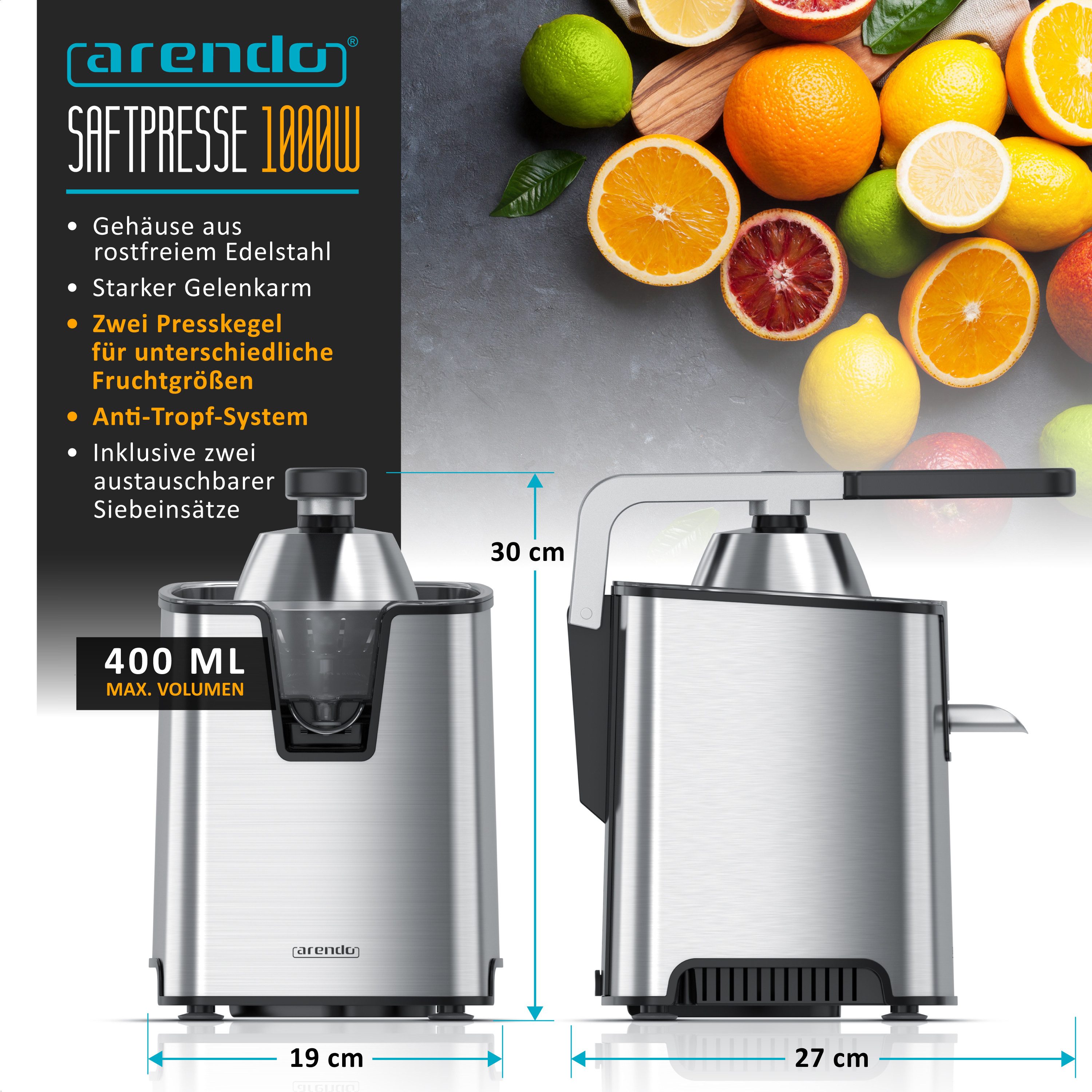 Arendo Entsafter Automatische Edelstahl Zitruspresse, Hebelarm, BPA-frei, 1000 W, Orangenpresse, Limettenpresse, 2 Presskegel, verstellbares Sieb