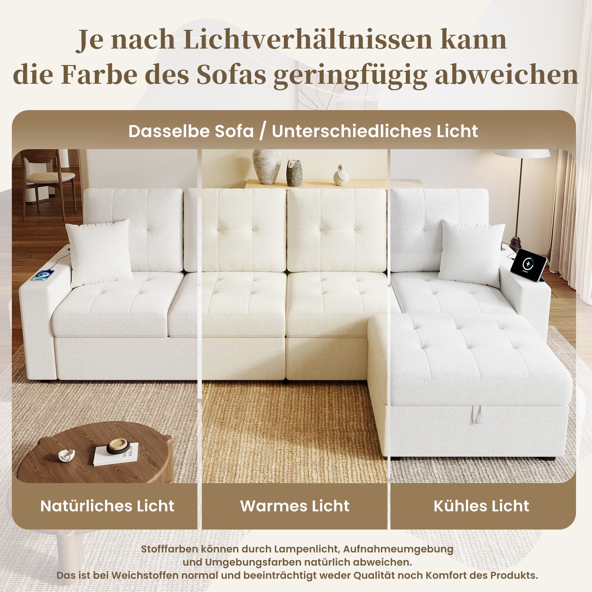 Merax Sofa mit flexiblem Hocker und großem Stauraum, L-Sofa aus Leinenbezug, 253 × 144,5 × 80,7 cm 1 Teile, 4-Sitzer-Sofa mit LED,USB & Type-C Ladeanschlüssen a – Bild 5 von 5