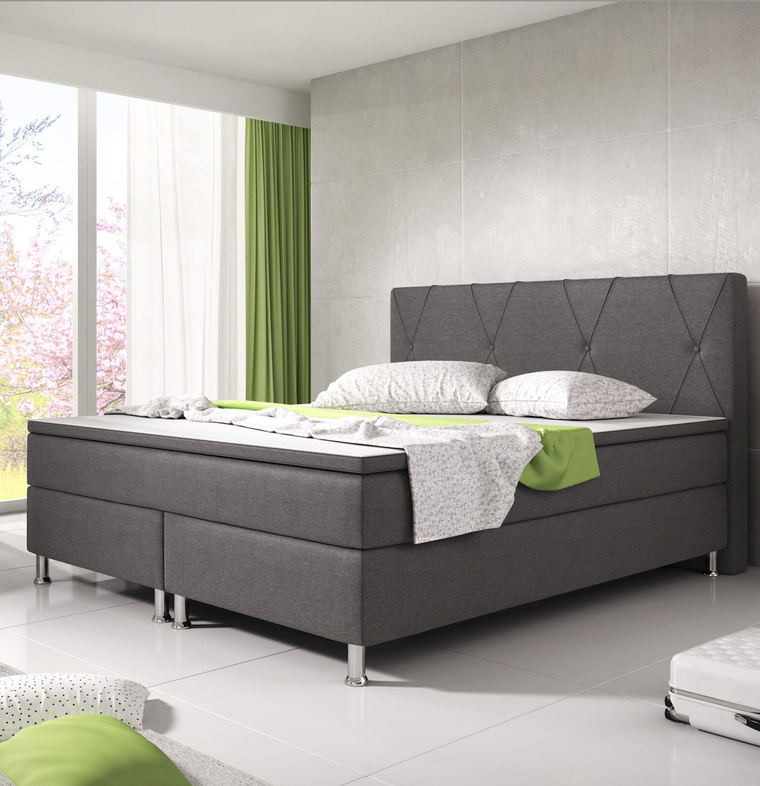 Homeline Boxspringbett Boxspringbett 180x200 Schwarz/Anthrazit Bett Komfortbett Stoff Bayern (Set Angebot), Matratze: 20 cm / Federkern
