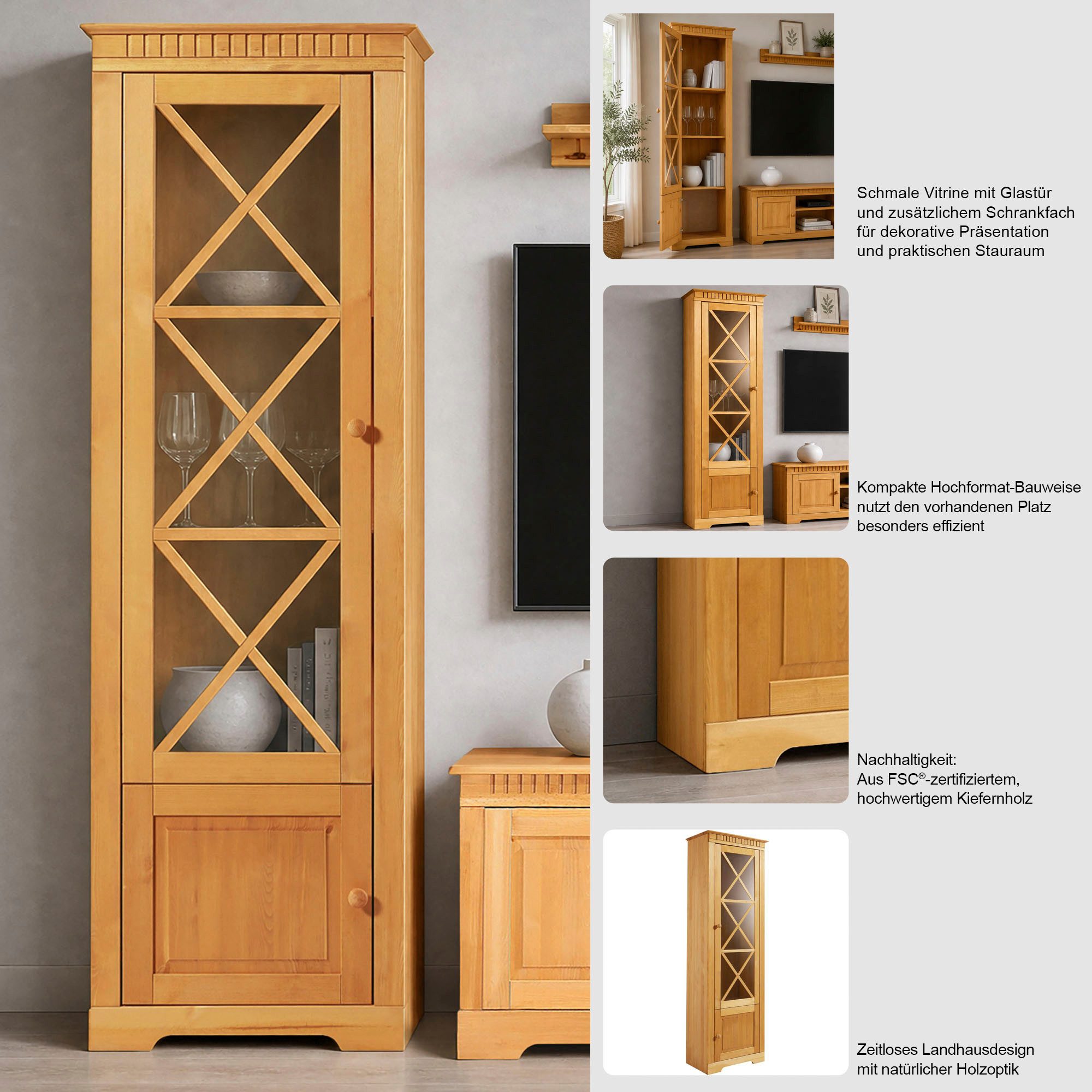 OTTO home Vitrine Lisa aus schönem massivem Kiefernholz, mit einer schönen Glastürfront – Bild 3 von 5