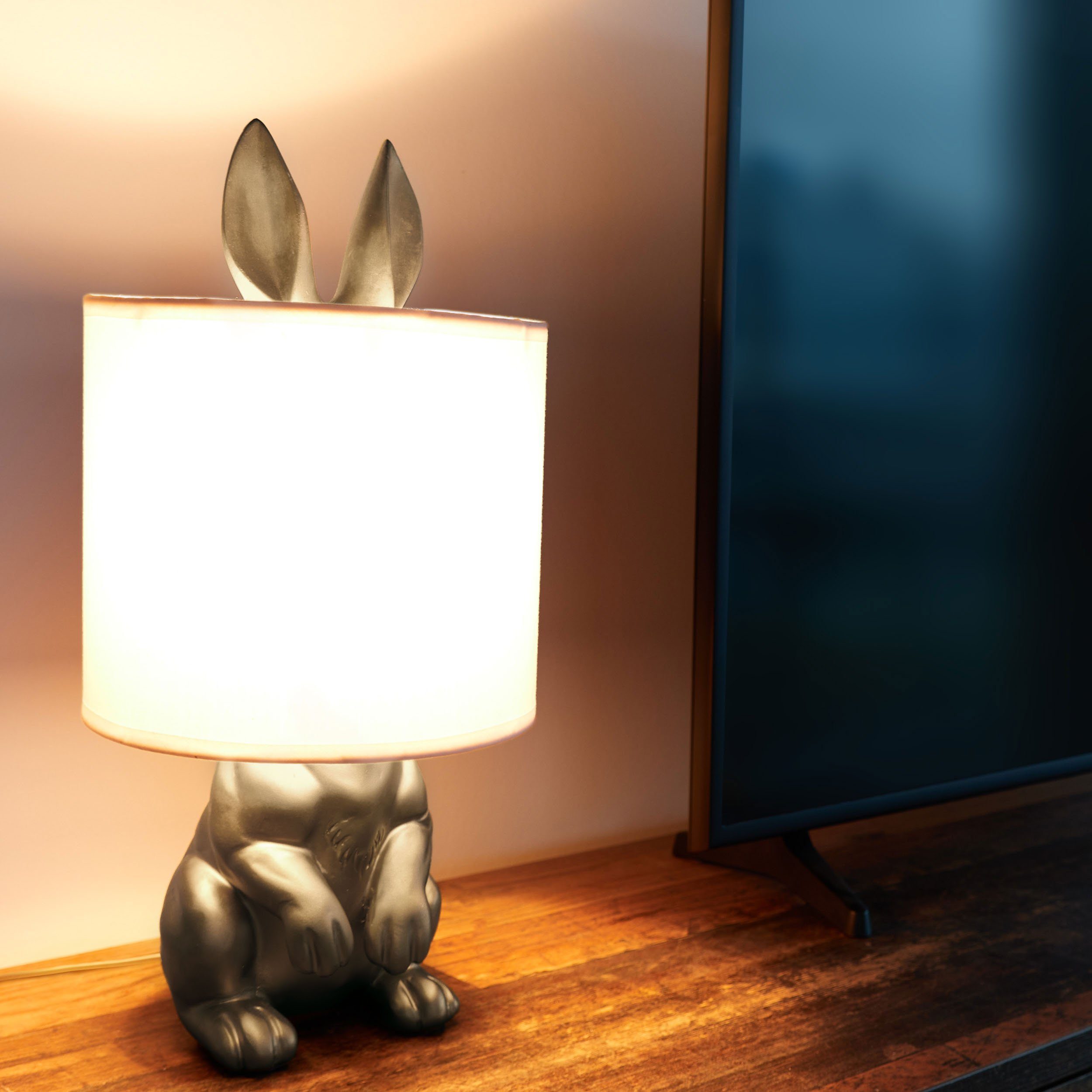 BRUBAKER Nachttischlampe Tischleuchte Hase mit mit Gold Motiv - Schirm: Leuchtmittel, Silber Lampe Weiß Keramikfuß, Tischlampe 42 cm Höhe Lampenschirm, ohne oder Silber