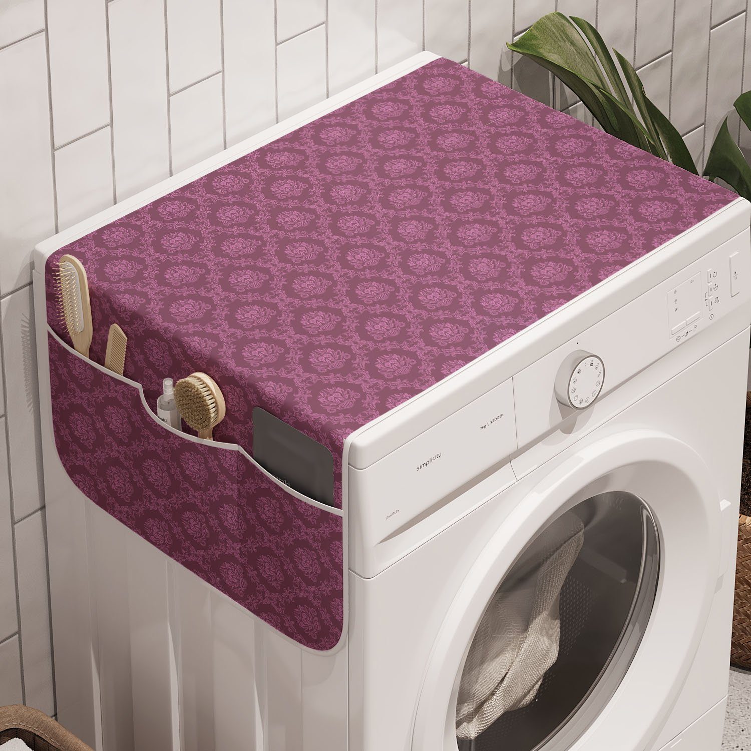 und Pinkish Damast Waschmaschine Trockner, Renaissance Abakuhaus Badorganizer für Klassische Anti-Rutsch-Stoffabdeckung