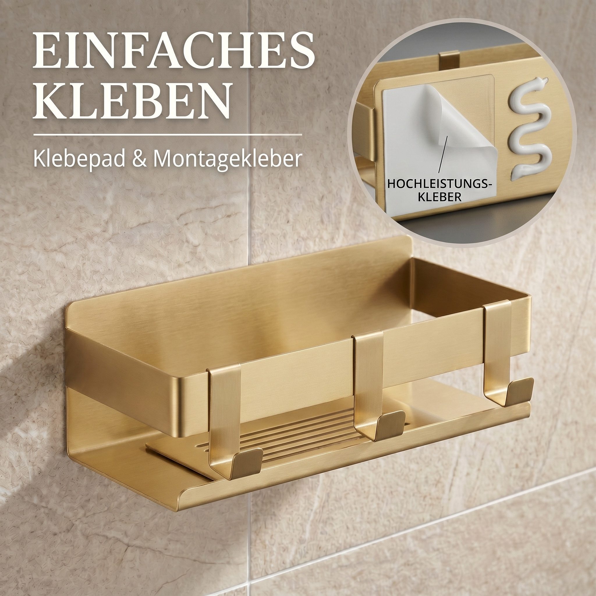 DEKAZIA Duschablage ohne Bohren, Selbstklebender Duschkorb, Duschregal Edelstahl, selbstklebend, 5 Farben erhätlich, inkl. Klebeset & 3 Haken, Badezimmerregal, Bad Regal,Aufbewahrung Bad, Duschzubehör