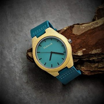Holzwerk Quarzuhr GRANSEE Damen & Herren Leder & Holz Armband Uhr, türkis blau, beige