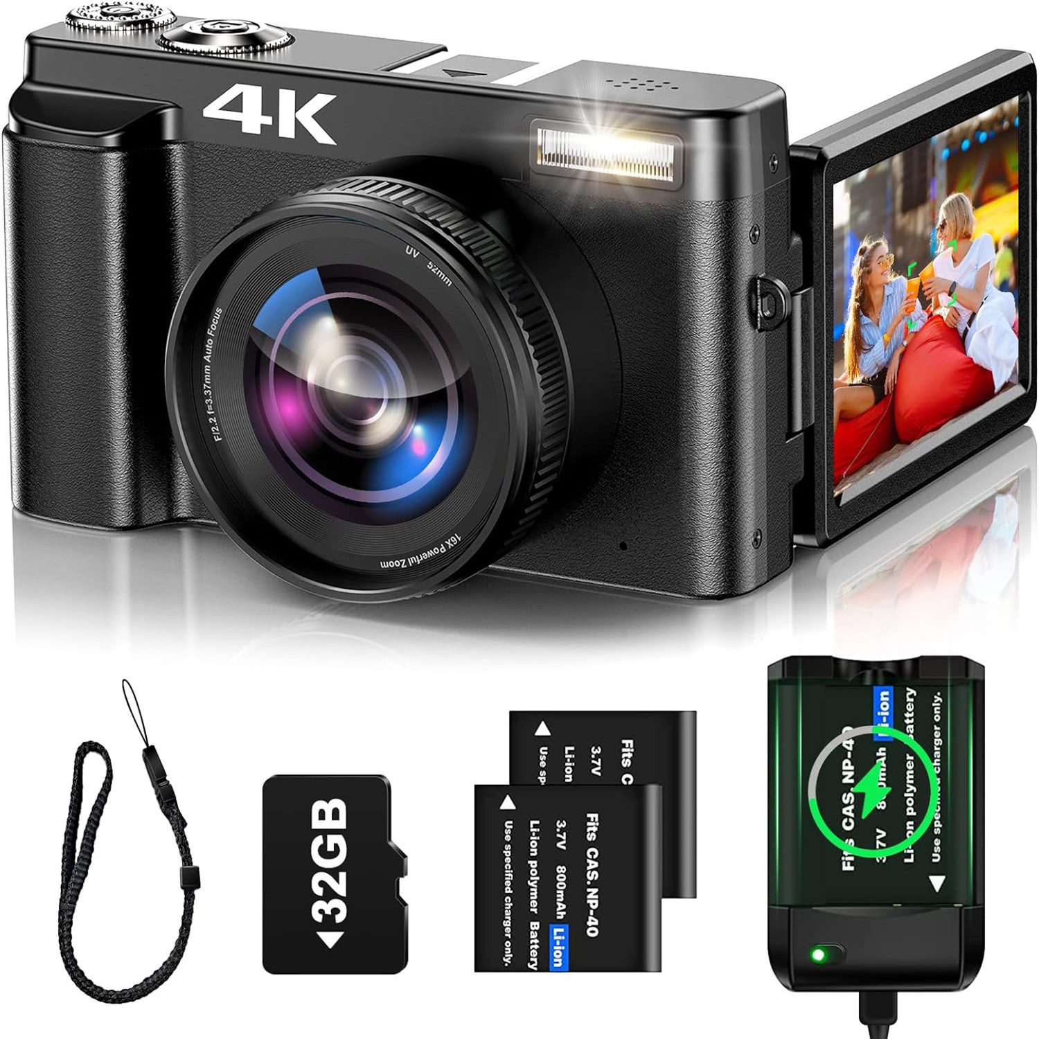 AKKEE 4K Digitalkamera Fotoapparat 32G Karte 48MP Kameratasche Kompaktkamera (48 MP, 3" 180° Flip Bildschirm Blitz UV Lens Selfie Kamera)