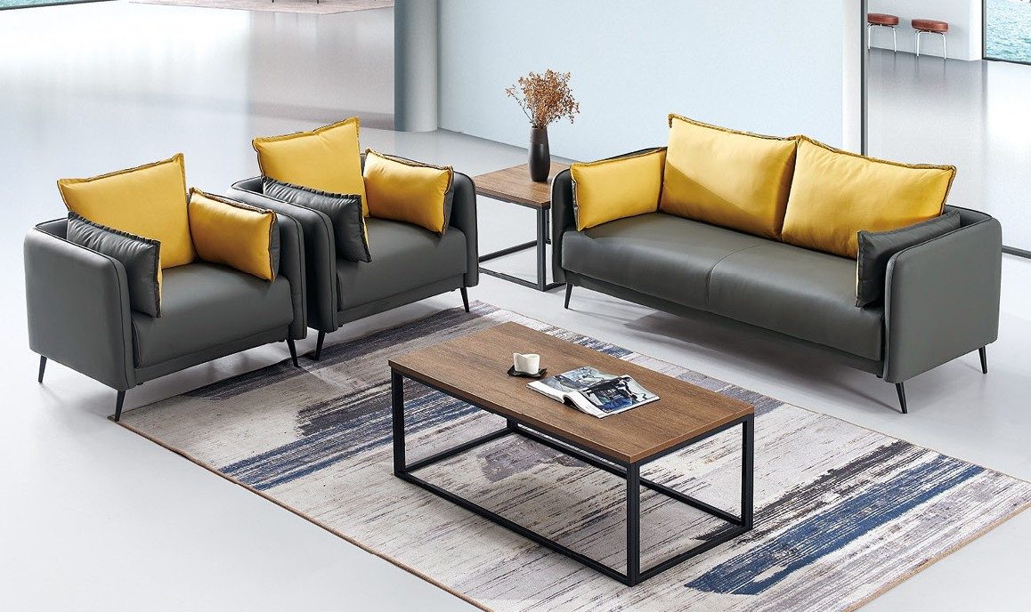 Xlmoebel Polstergarnitur XLMOEBEL Sofa in Grau-Gelb aus Kunstleder, modern und bequem, (3-tlg), Made in Europa