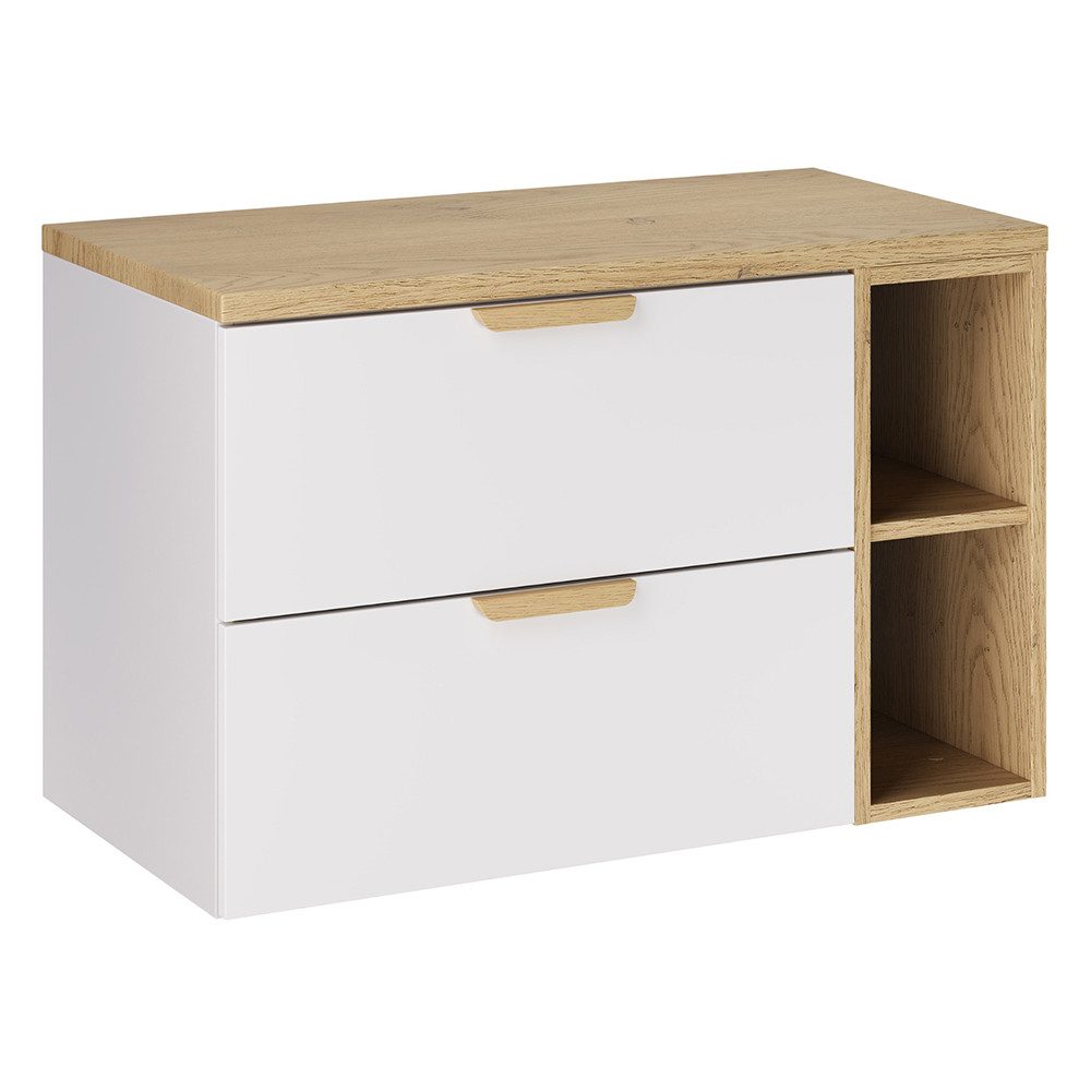 Lomadox Waschbeckenschrank ALASSIO-56 80 cm breit, Weiß matt mit Eiche, 2 Schubladen & 2 Fächer