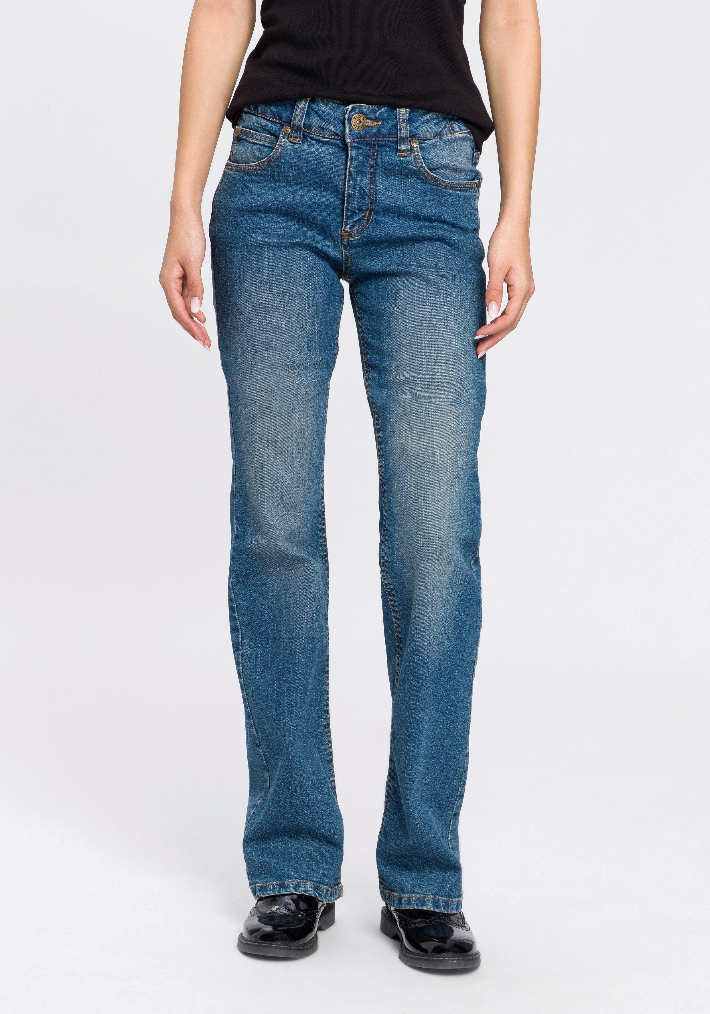 Arizona Bootcut-Jeans Bund mit seitlichem Gummizugeinsatz High Waist blue-used