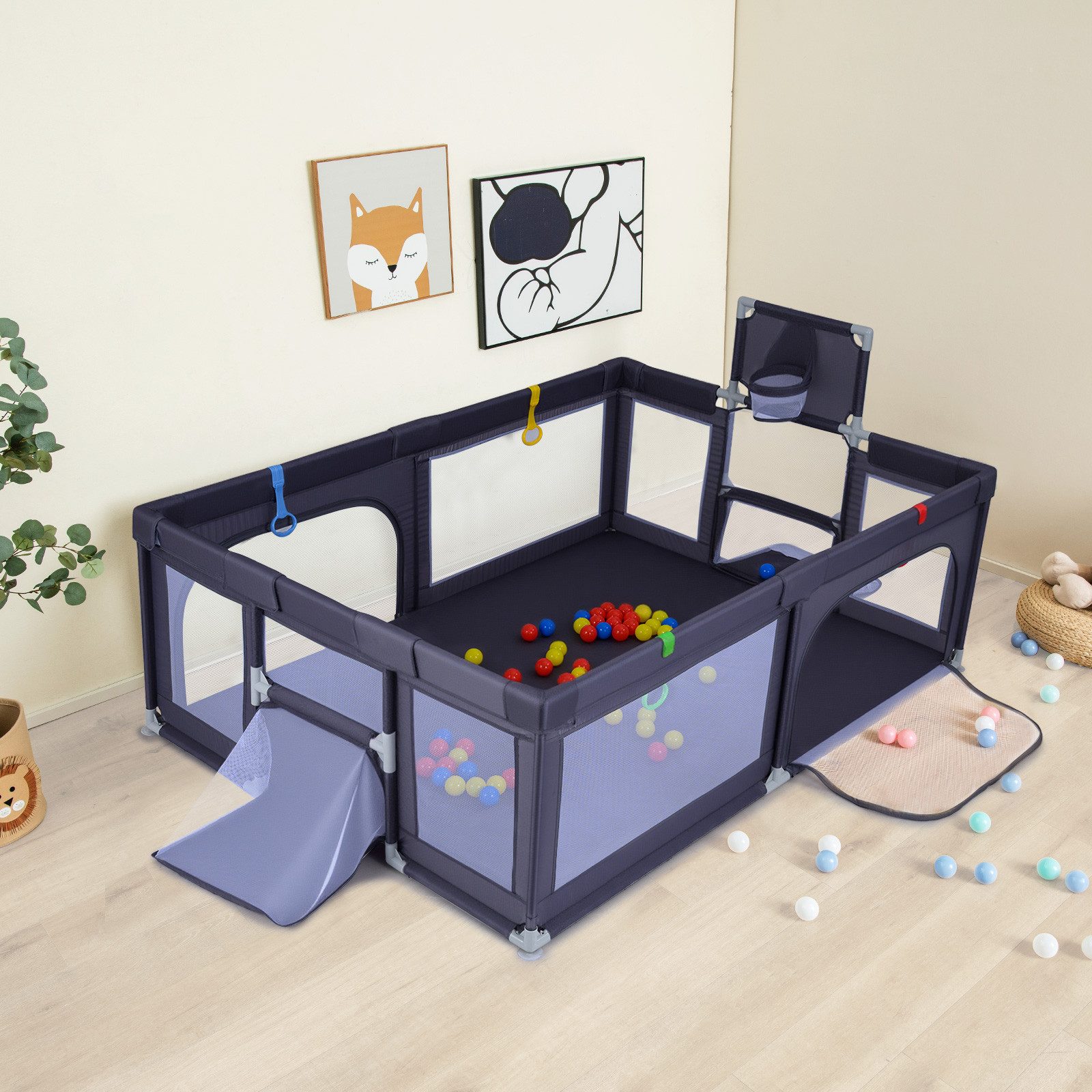 COSTWAY Laufstall (1-tlg), Laufgitter Baby Faltbar, mit Tragetasche, 50 Spielbällen, 207x145cm