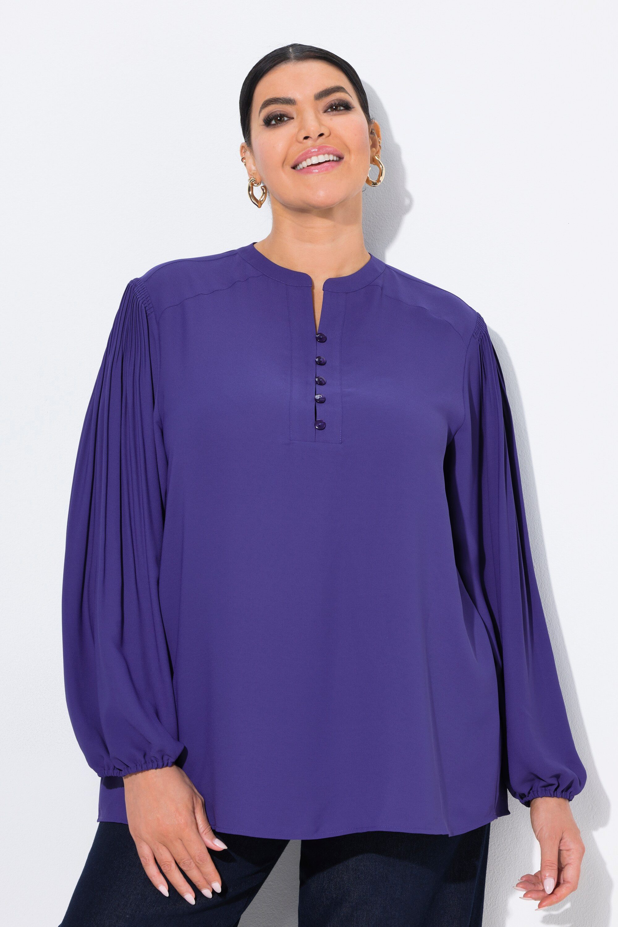 Ulla Popken Longbluse Bluse Zierfalten Stehkragen günstig online kaufen