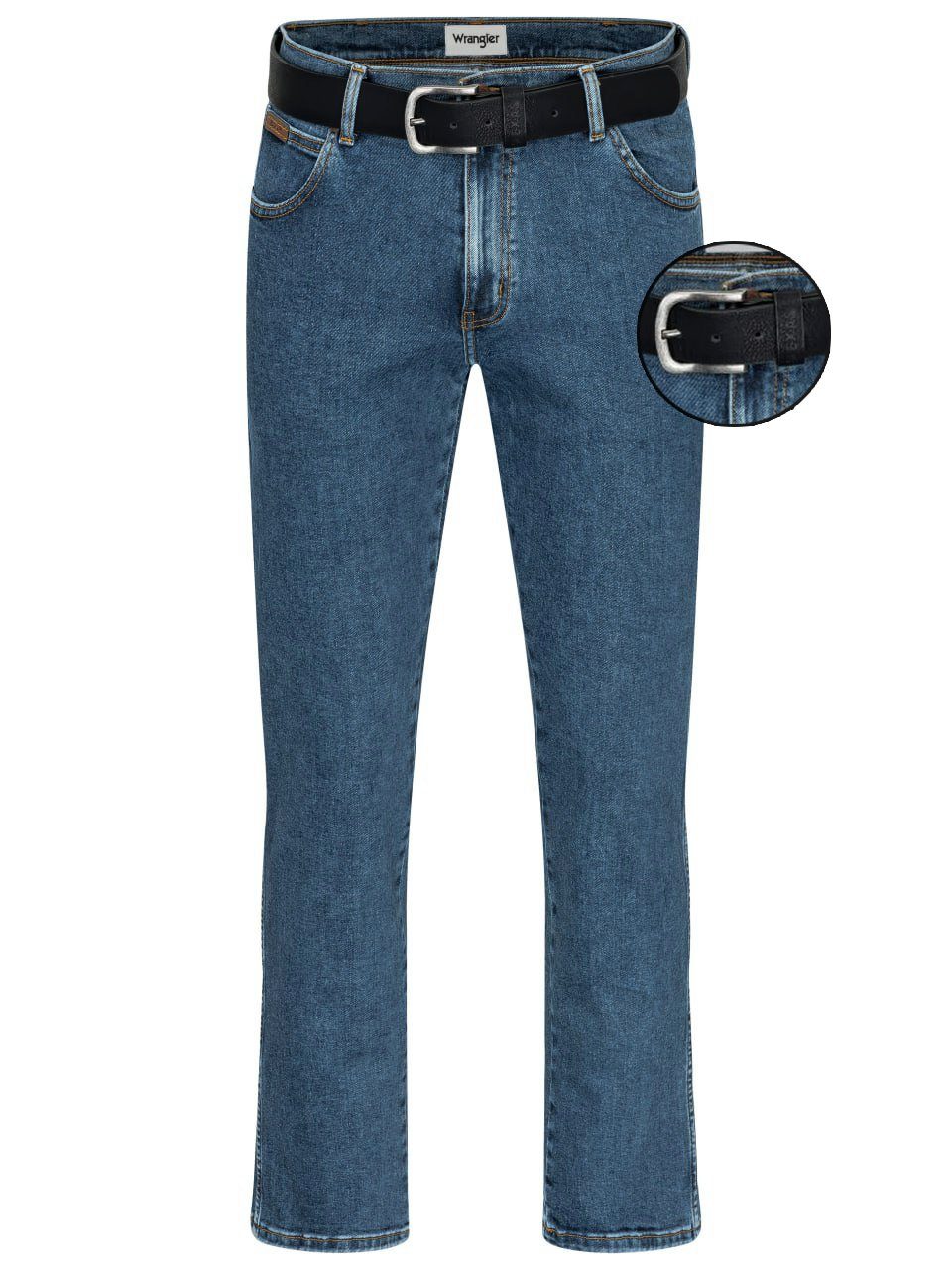 Wrangler Straight-Jeans Straight Gürtel mit Texas Authentic Stretch Gürtel Jeans + schwarzer Herrenjeans Stonewash