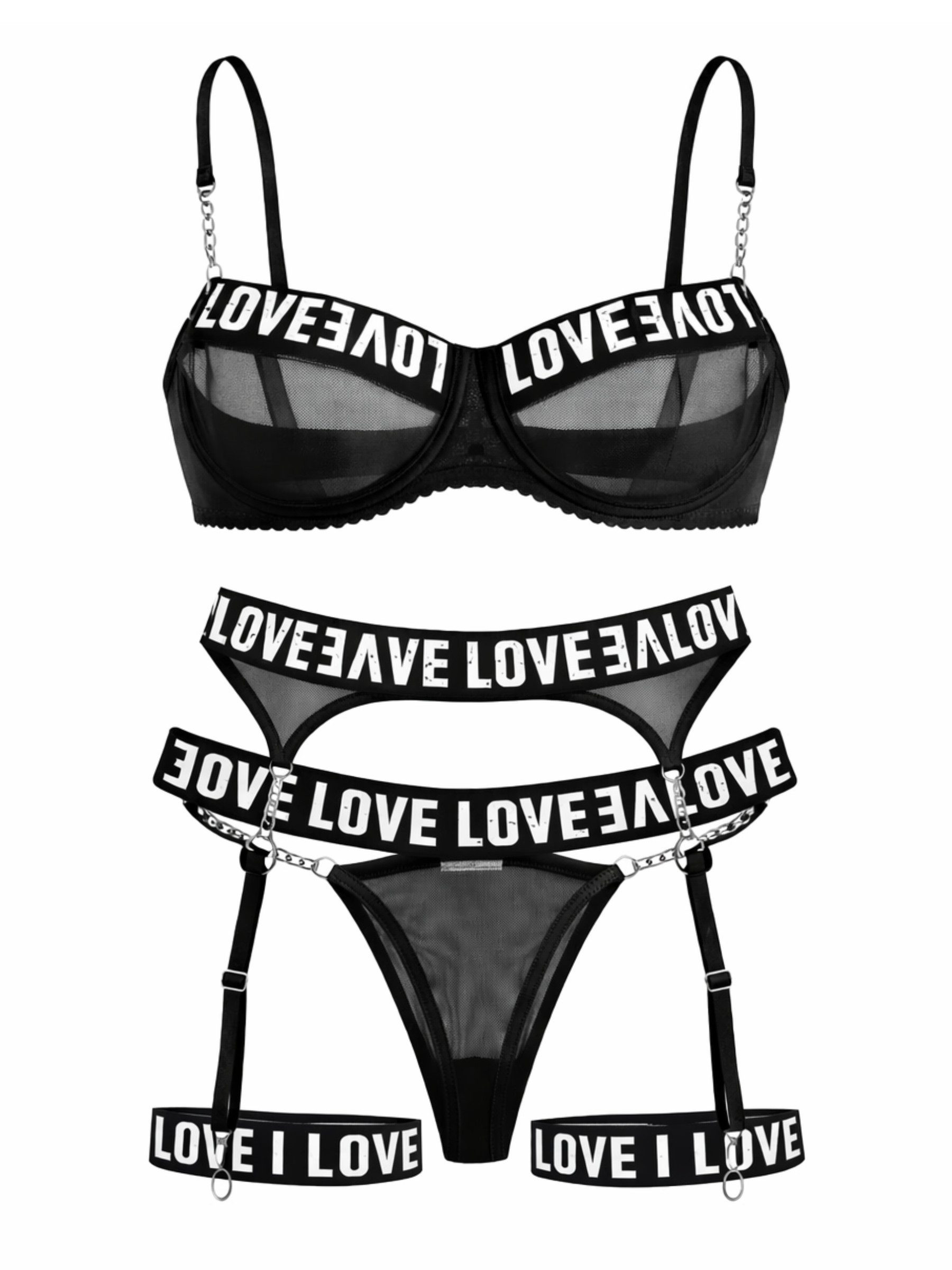 Elegant Love Set: Bügelloser BH Damen Dessous-Set, BH-Set mit Druckmuster – Sexy Reizwäsche aus Spitze (Set, 5-tlg., BH, Tanga, Strumpfhaltergürtel, zwei elasti – Bild 2 von 5
