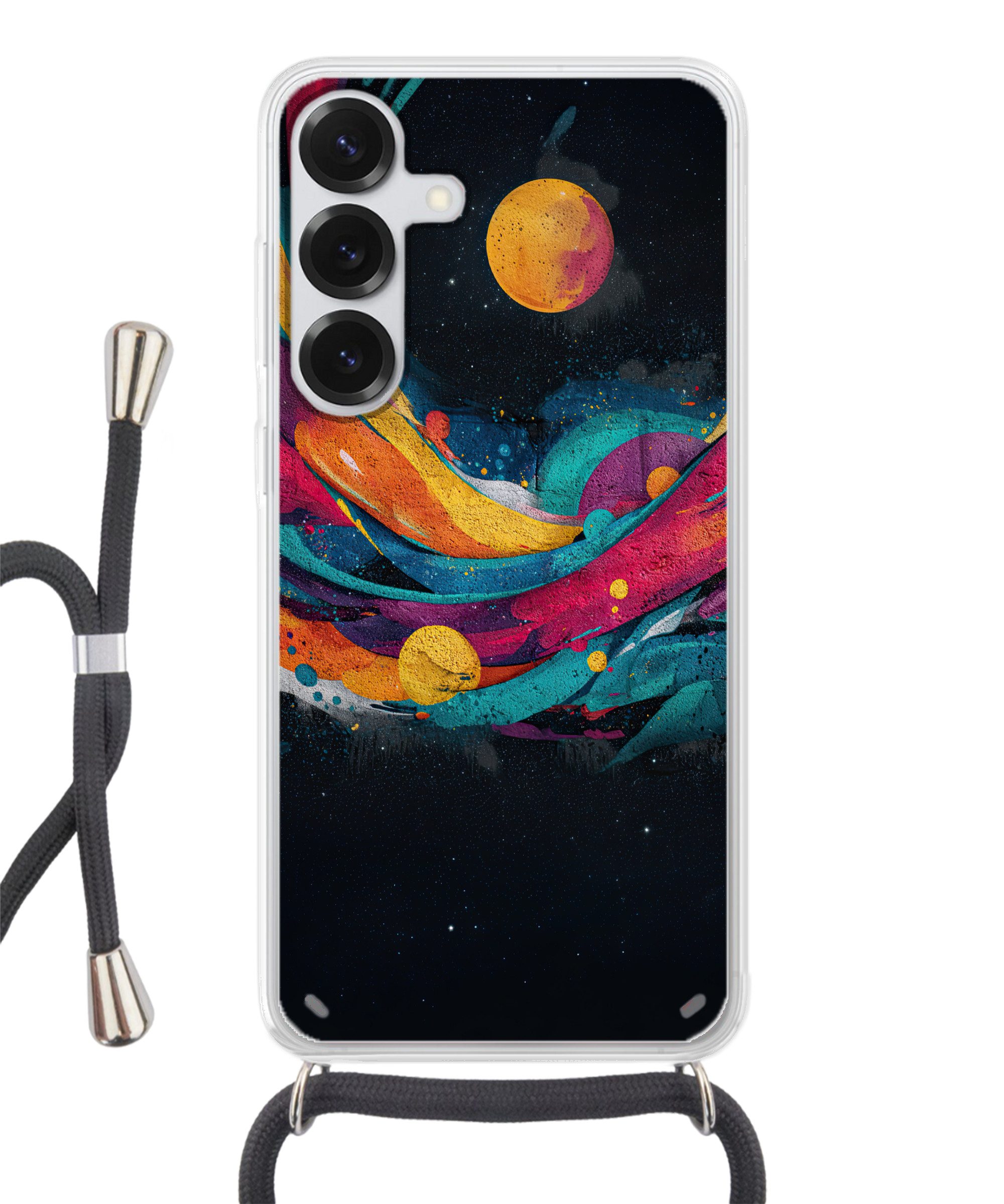 MuchoWow Handyhülle für Samsung Galaxy S25 Bahnen - Wellen - Bunt - Abstrakt, Tragbare Handyhüllen mit Kette zum umhängen, Handykette Handyband