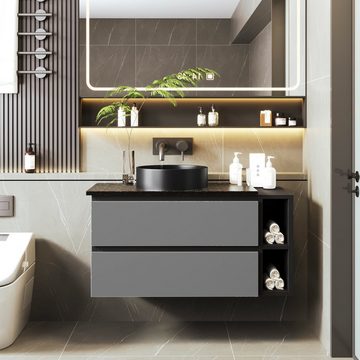 OKWISH Waschbeckenunterschrank hängend 80cm breit,mit Keramikwaschbecken, mit Schubladen (modernes Design)
