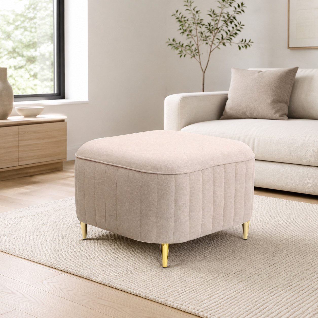 Goldstoff Pouf Eleganter Hocker - Komfortabler Sitz und stilvoller Pouffe Wohnzimmer (Komfortabler Pouf Hocker - Vielseitiger Pouffe Wohnzimmer für jeden Raum, 1-St., Stylischer Pouffe Wohnzimmer - Moderner Pouf Hocker für Sitz und Deko), Moderner Pouffe Wohnzimmer - Vielseitiger Pouf Hocker für jeden Raum
