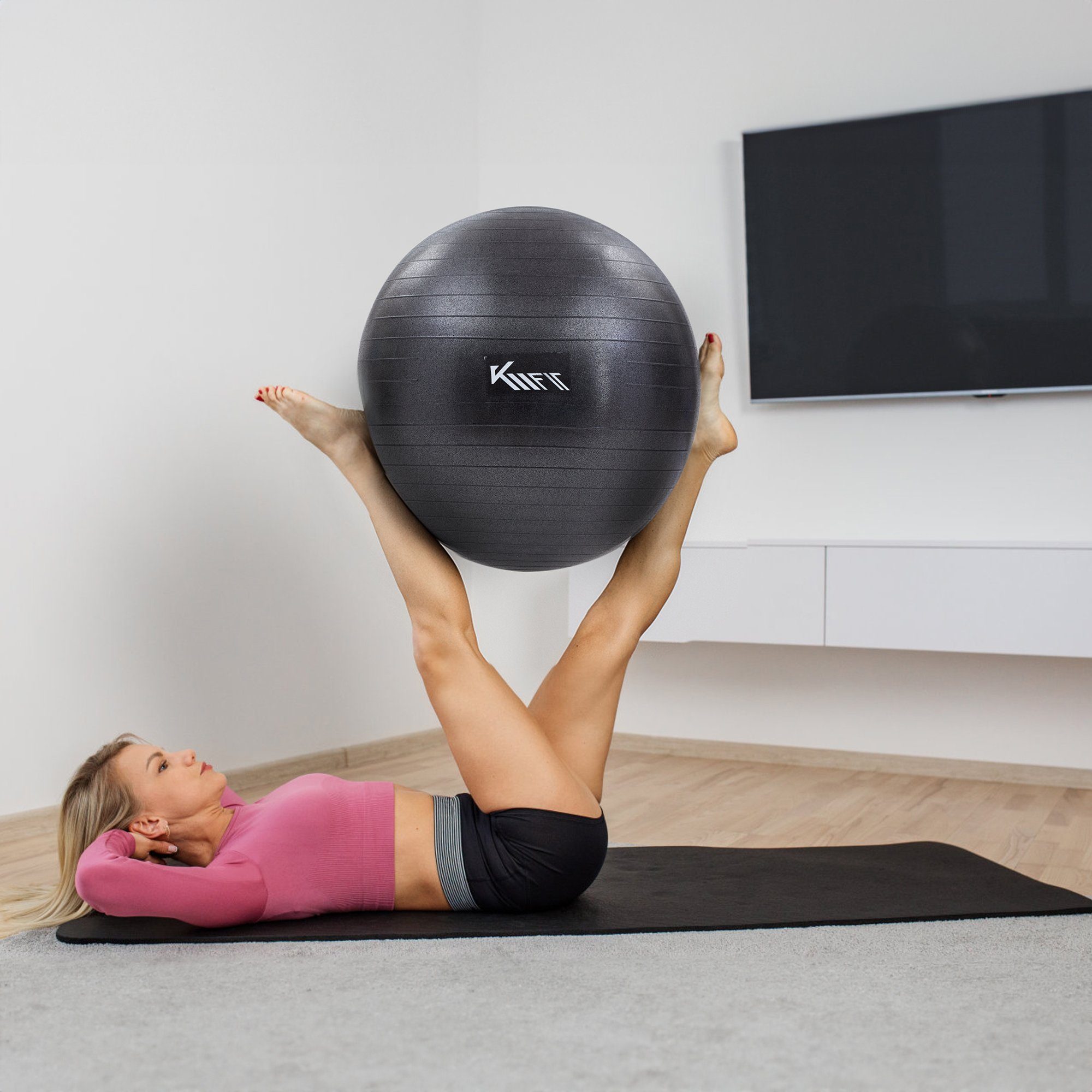 KM - Fit Gymnastikball 65 cm Trainingsball Sitzball für Fitness, Yoga & Gymnastik (mit Luft-Pumpe, Schwarz), Max. Belastbarkeit: 300 kg