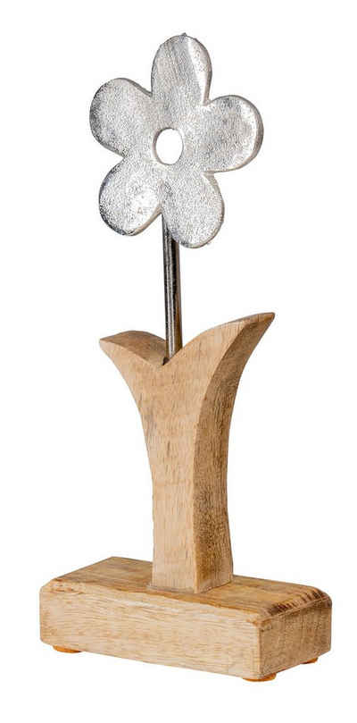 Levandeo® Dekoobjekt, Aufsteller Blume H24cm Mango Metall Holz Braun Silber Tischdeko