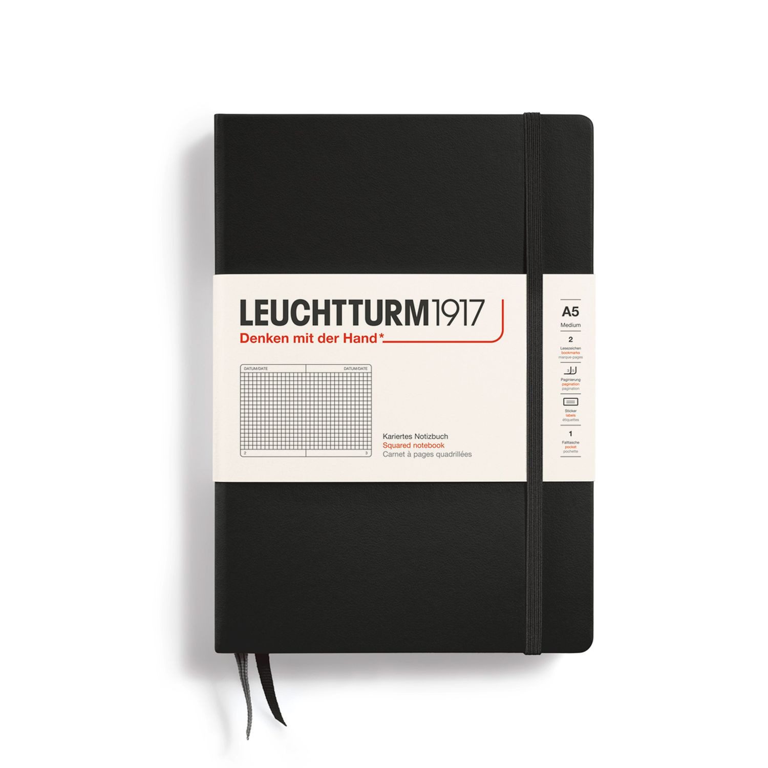Leuchtturm1917 Notizbuch Medium A5 Hardcover Schwarz Kariert
