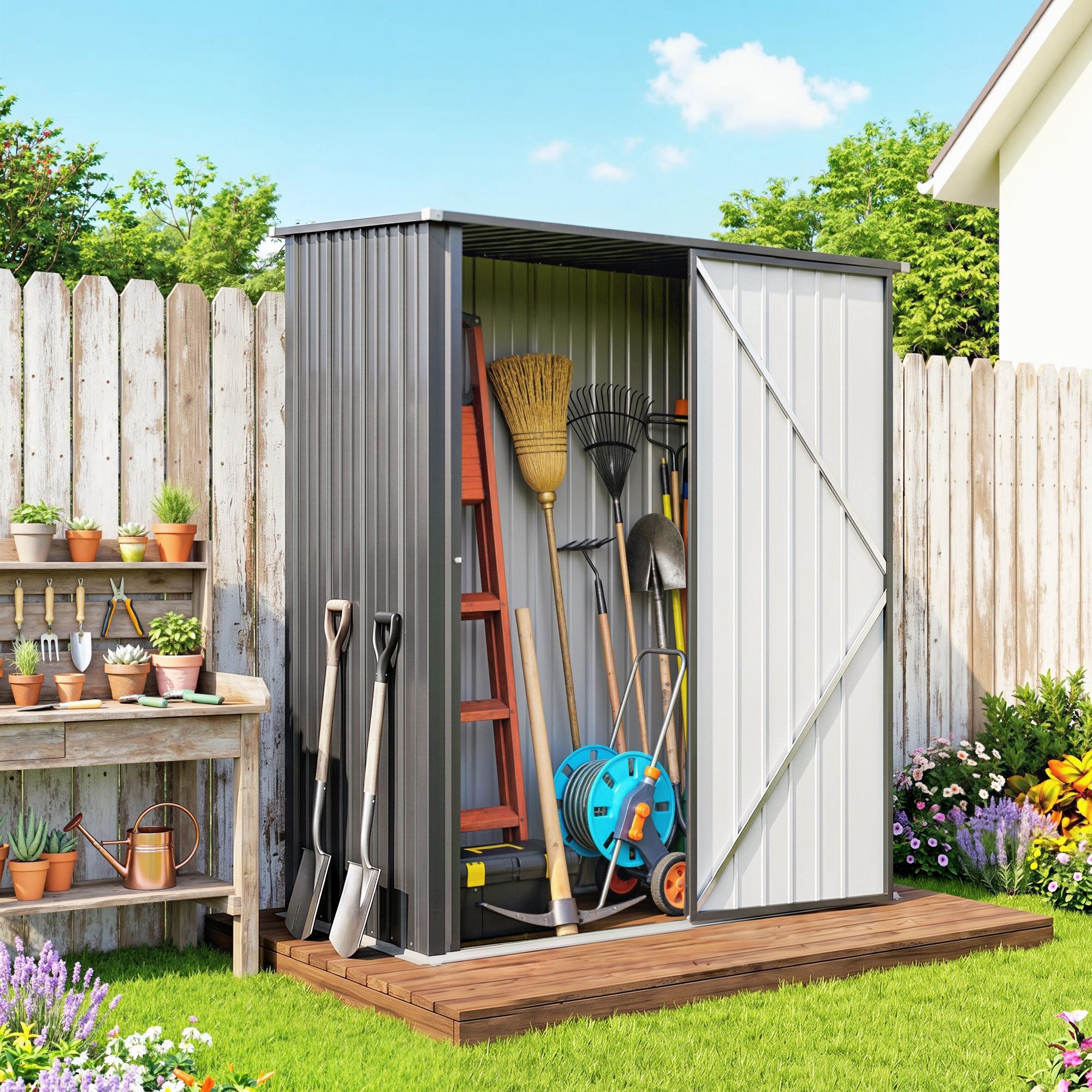 Outsunny Gerätehaus abschließbar Metall Geräteschuppen mit Pultdach verzinkter Stahl, BxT: 161.5x94.5 cm, (Gerätehaus, 1 St., Geräteschuppen), für Garten, Schwarz