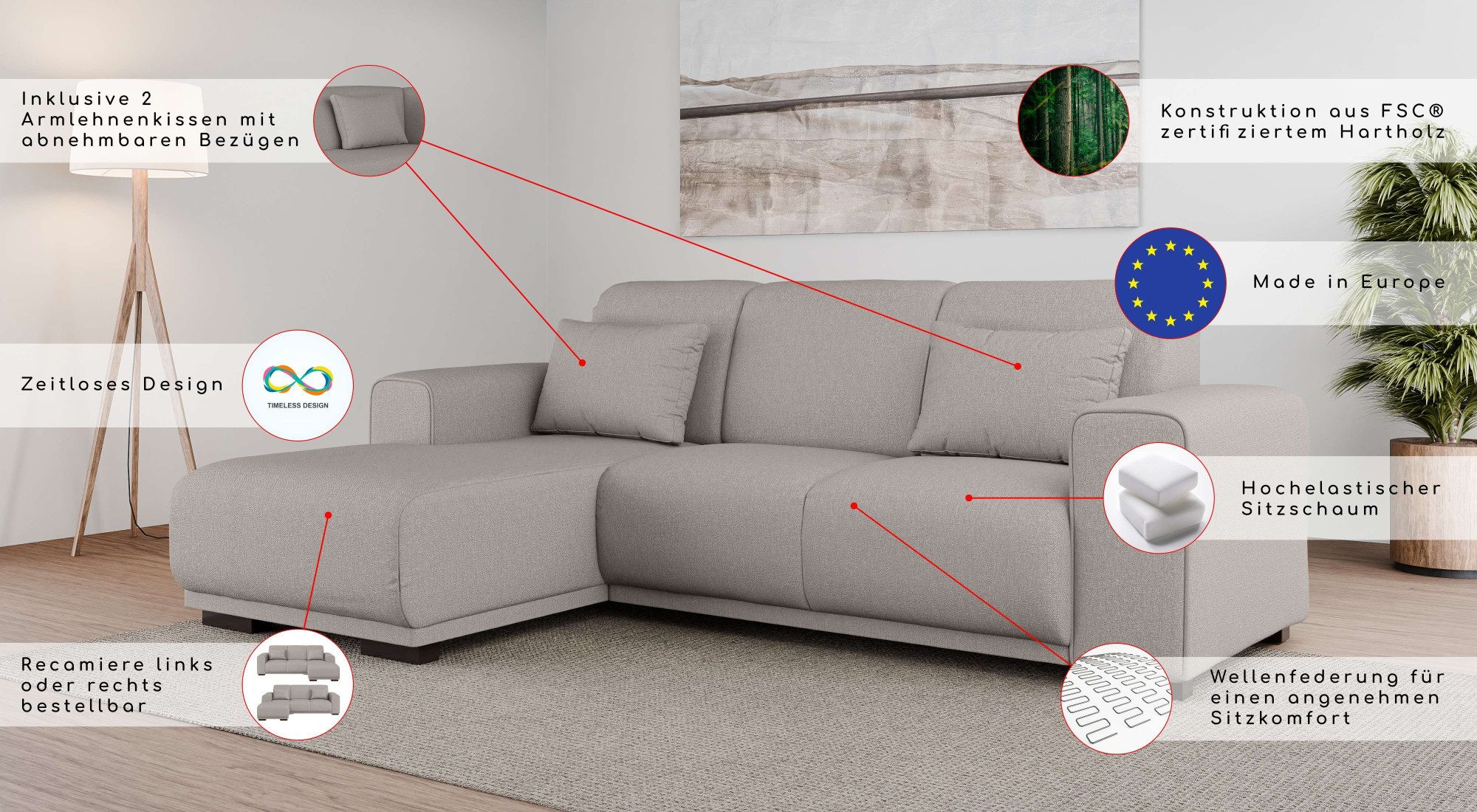 Home affaire Ecksofa BORNHOLM L-Form, B: 234 cm - OTTO. Verlässliche Qualität., Recamiere links oder rechts bestellbar, Wellenfederung, inkl. 2 Kissen