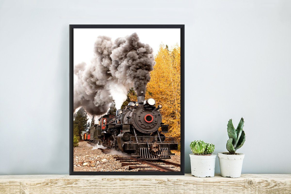 Wanddeko, Poster Bilder, mit Poster, Dampflokomotive (1 schönen Rauchfahnen, Schwarzem Wandposter, St), Gerahmtes MuchoWow Bilderrahmen