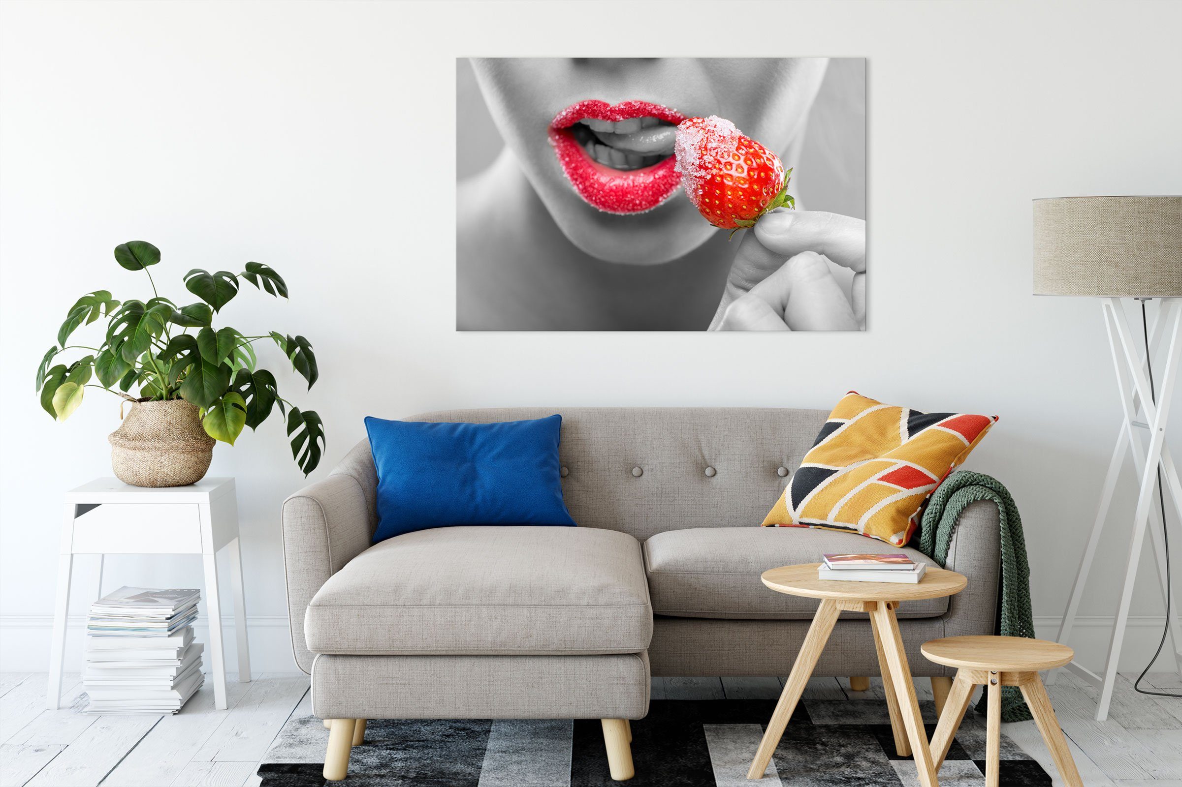 inkl. St), bespannt, mit fertig Pixxprint Zucker (1 Leinwandbild Erdbeere Leinwandbild mit Zackenaufhänger Erdbeere Zucker,