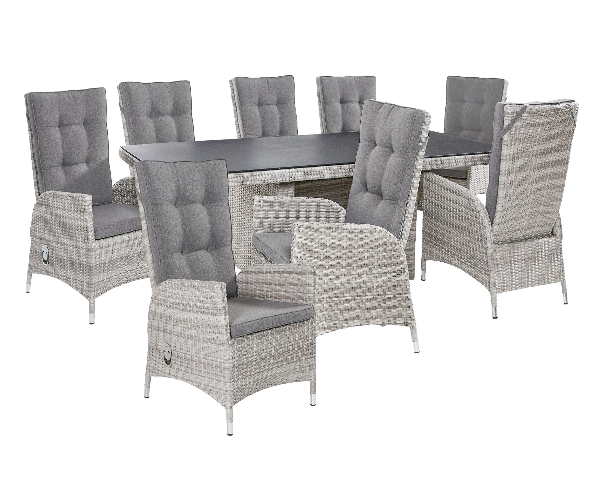 LC Garden Garten-Essgruppe Parma Gartenset II Sitzgruppe Gartenset weiß-grau, (Gartenset, 8-tlg., 1x Tisch+ 8x Stuhl), mit bequemer Polsterung, stufenlos verstellbar