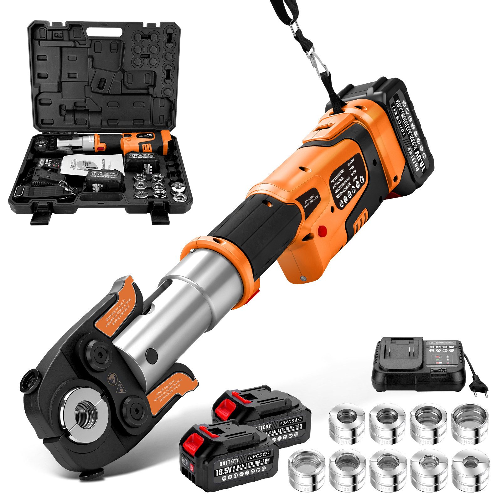 XERSEK Presszange Profi Crimpzange Rohrpresszange LCD-Display 2x5.0Ah-Akku TH & V-Kontur, 9 Sätze Pressbacken: TH16 TH20 TH26 TH32, V12 V15 V18 V22 V28, Hilfsgurt f. Ein-Mann-Bedienung Kupferrohre Edelstahlrohre Verbundrohr