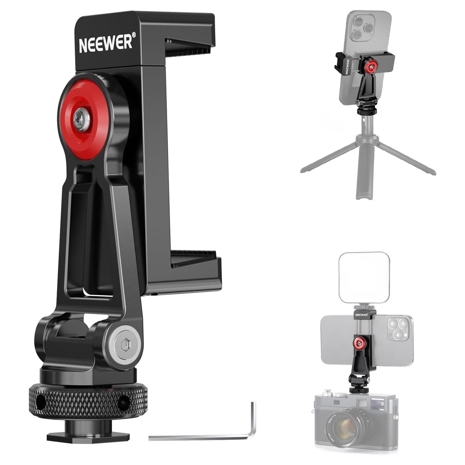 Neewer Handy-Halterung PA001Metall-Handyhalterung mit Kaltlichtschuh & verstellbaren Gelenken, (bis 3,4 Zoll, Packung, Farbe:schwarz, Grundfarbe:schwarz, Freie Winkelanpassung)