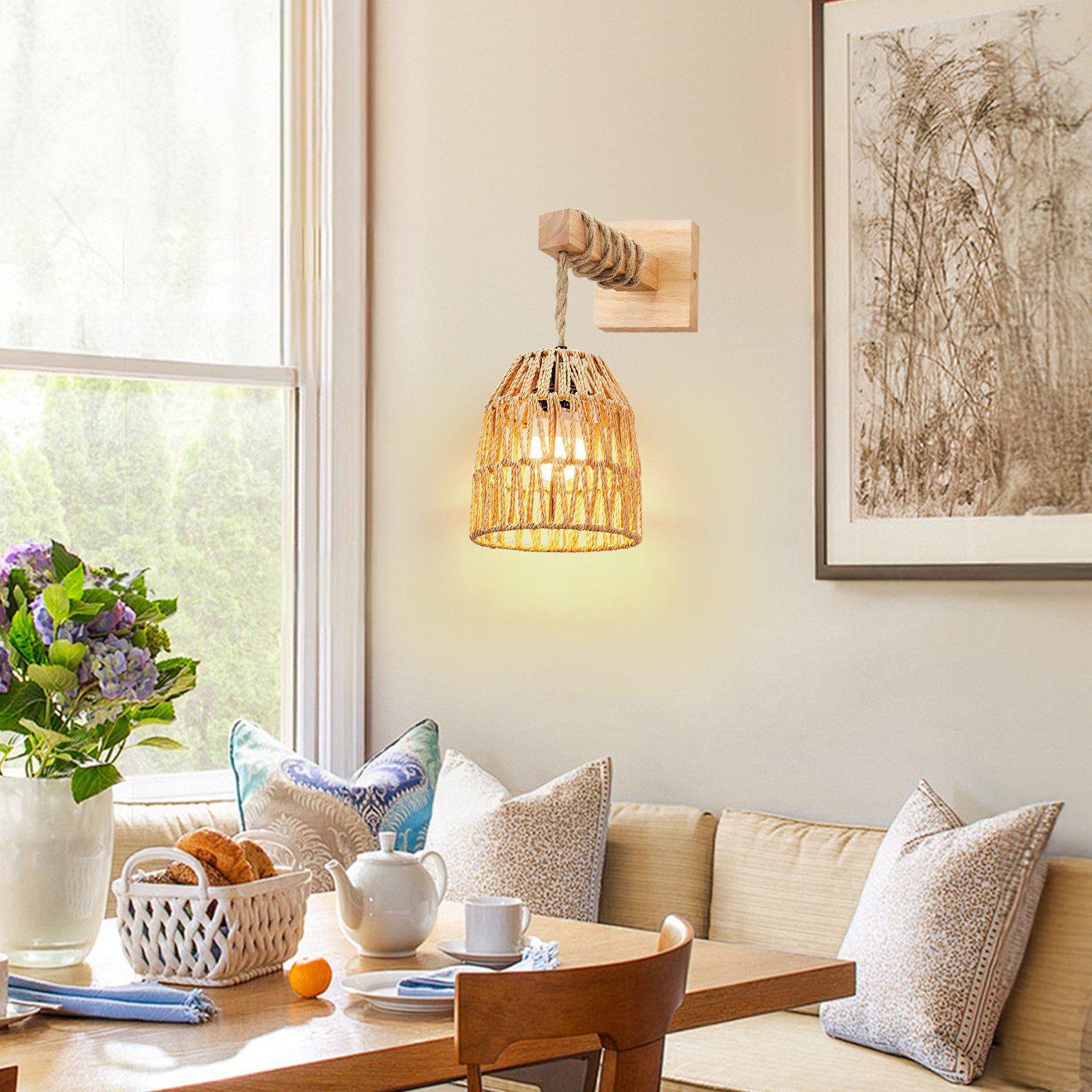 LMaxhome LED Wandleuchte Vintage Wandlampe Innen mit Fernbedienung, Rattan Boho Lampenschirm, 2St., LED wechselbar, 3000 K/4500 K/6500 K und RGB-Farbe, mit E27  – Bild 4 von 5