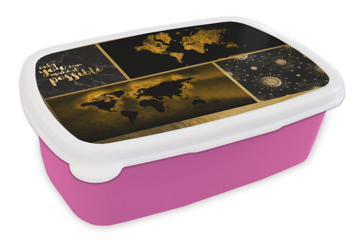 MuchoWow Lunchbox Weltkarte - Collage - Luxus - Gold, Kunststoff, (2-tlg), Brotbox für Erwachsene, Brotdose Kinder, Snackbox, Mädchen, Kunststoff rosa