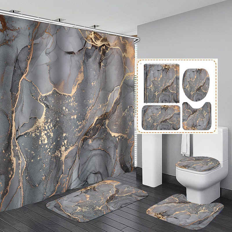 AFAZ New Trading UG Duschvorhang Vierteiliger wasserdichter Duschvorhang mit Marmor-Digitaldruck (4-tlg), Badezimmer-Duschvorhang-Anti-Rutsch-Badematten-Set